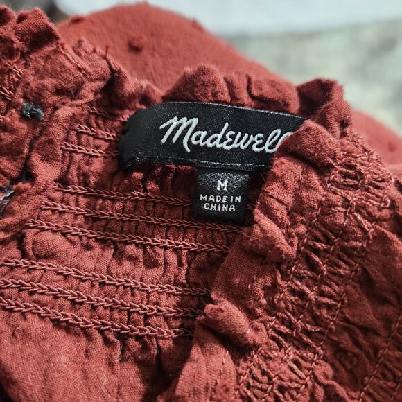 Madewell Sheer-Sleeve Mockneck Top in Clip Dot Rusted Burgundy Size Medium - Picture 10 of 11